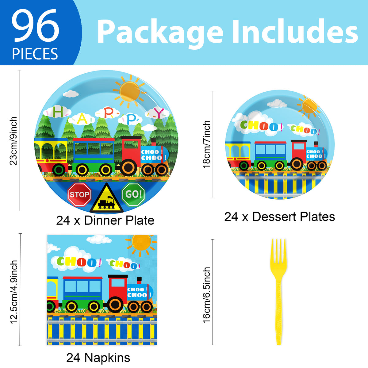 96 Pieces Train Party Tableware Set Paper Plates Napkins Forks for 24 Guests