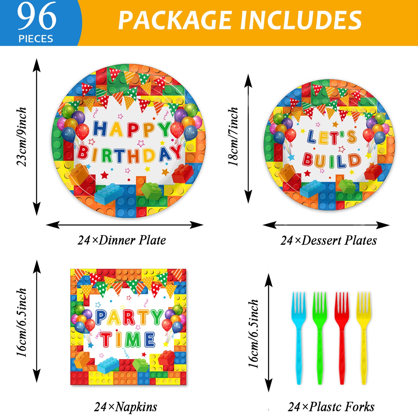 96 Pcs Building Block Birthday Party Supplies for 24 Guests（White）