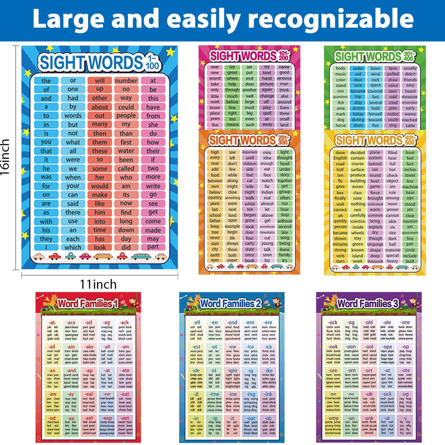 8 Pieces Educational Posters Sight Words and Word Families Posters