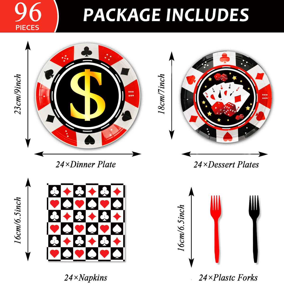 96 Pcs Casino Party Tableware Supplies for 24 Guests