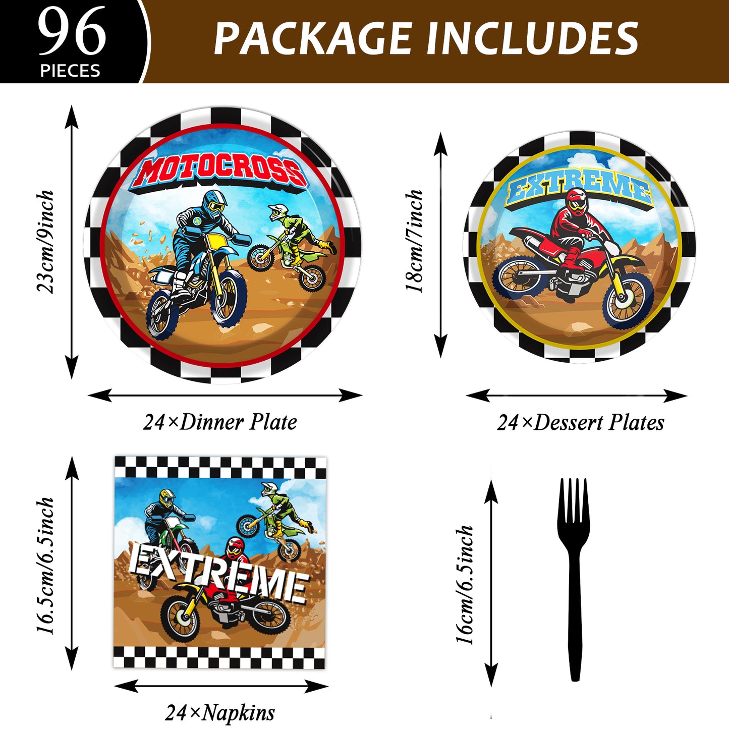 Dirt Bike Theme Party Supplies,Plates Napkins Forks Set of 96pcs