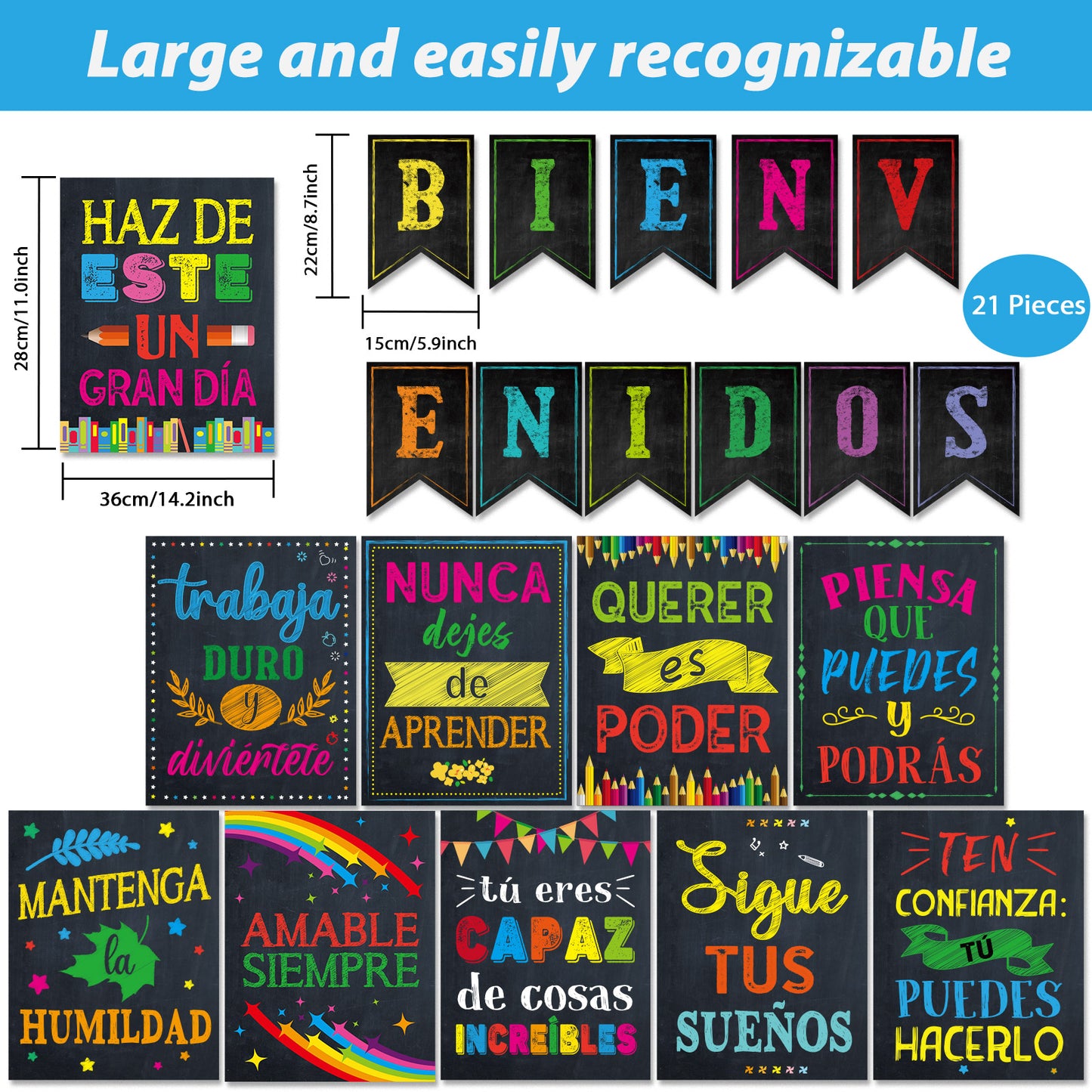 21 Pack Spanish Bienvenidos Inspirational Posters Spanish Classroom Decorations - Colourful