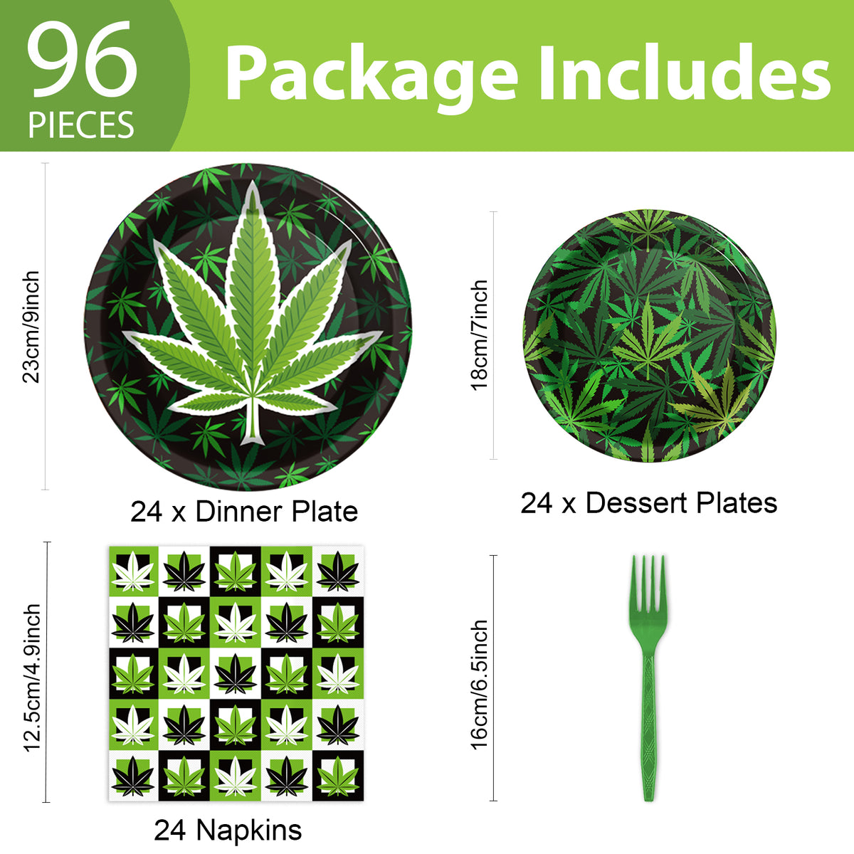 96 Pieces Weed Themed Party Tableware Set Paper Plates Napkins Forks for 24 Guests
