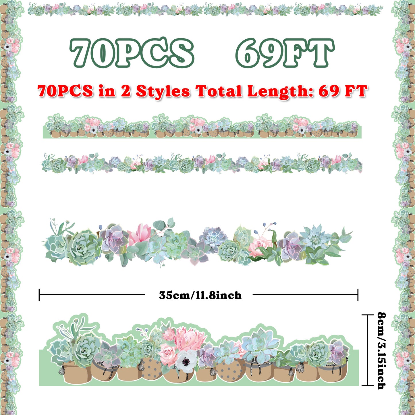 69ft Succulents Bulletin Board Borders for School Classroom Office Party Wall Decor