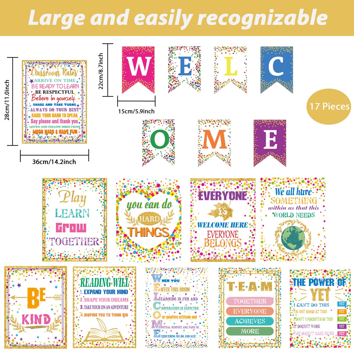 17 Pieces Confetti Classroom Motivational Posters Welcome Decor Signs