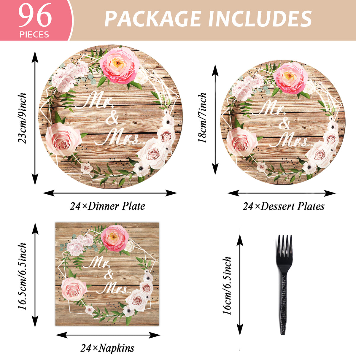 96 Pieces Mr. & Mrs. Tableware Set Bridal Shower Wedding Paper Plates Napkins Forks for 24 Guests
