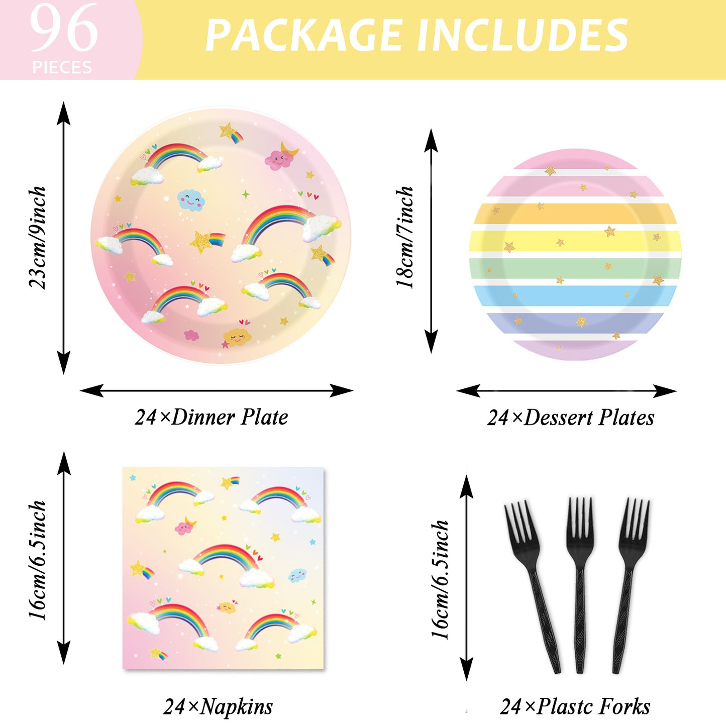96 Pieces Rainbow Party Tableware Set Paper Plates Napkins Forks for 24 Guests