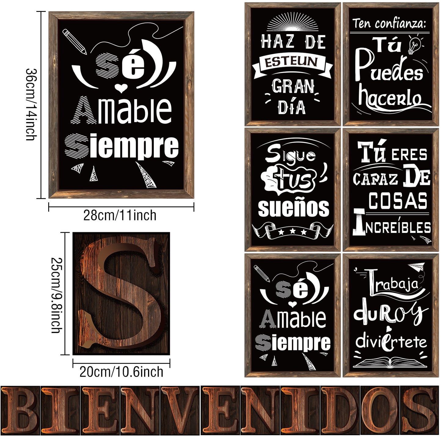 Spanish Bienvenidos Posters Classroom Decorations with Adhesive Dots - 17 Pack Black