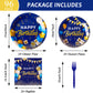 96 Pieces Blue and Gold Birthday Party Tableware Set Paper Plates Napkins Forks for 24 Guests