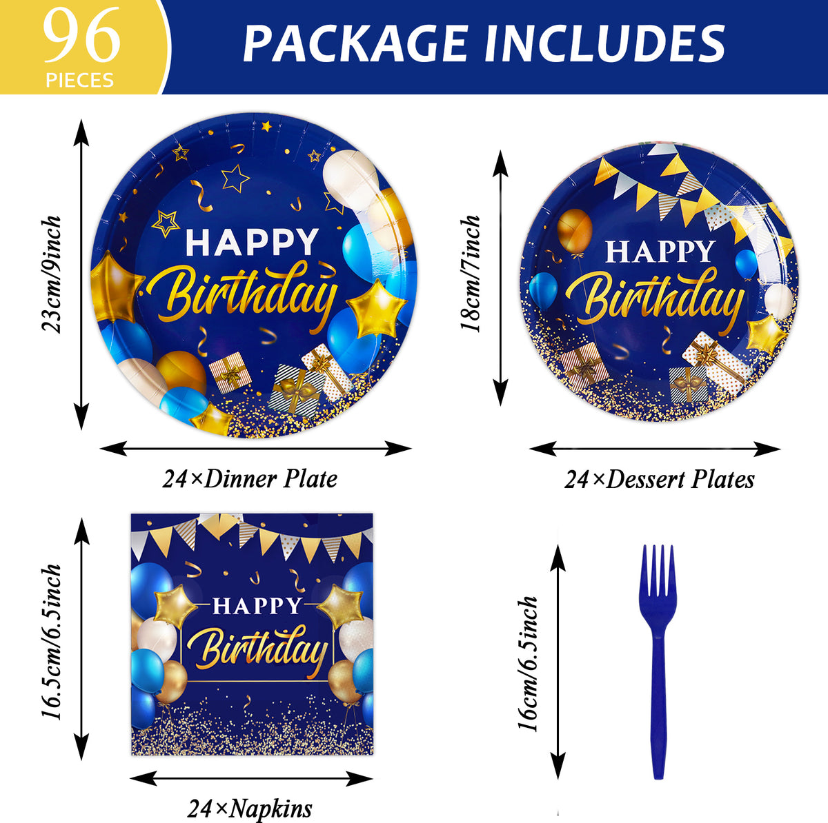 96 Pieces Blue and Gold Birthday Party Tableware Set Paper Plates Napkins Forks for 24 Guests