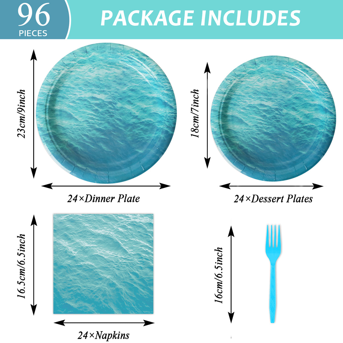 96 Pieces Ocean Sea Party Tableware Set Paper Plates Napkins Forks for 24 Guests