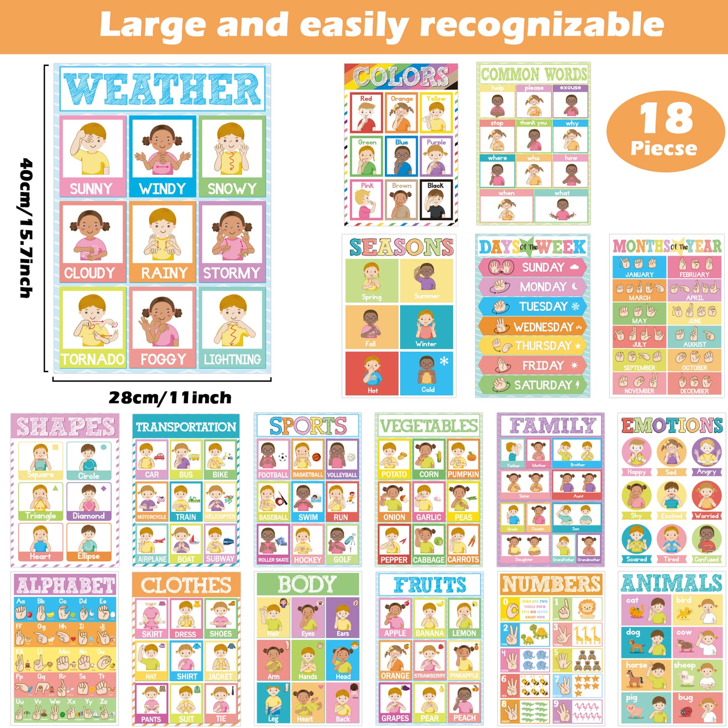 18 Pieces Sign Language ASL poster for Education - 11 x 16inch