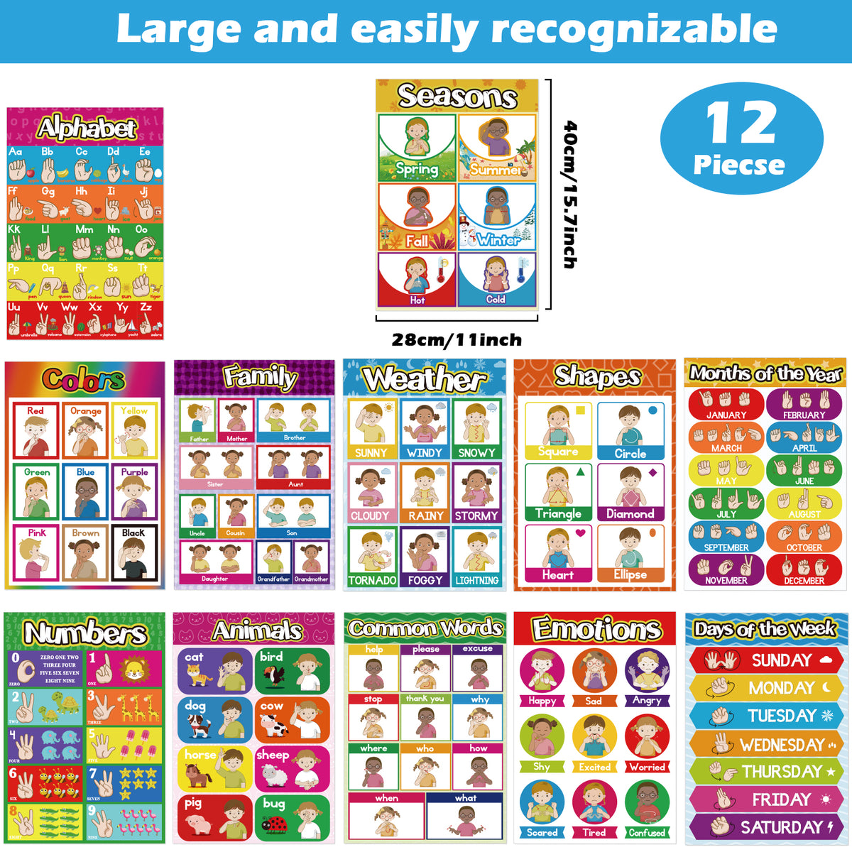 12 Pieces Sign Language ASL poster for Education - 11 x 16inch