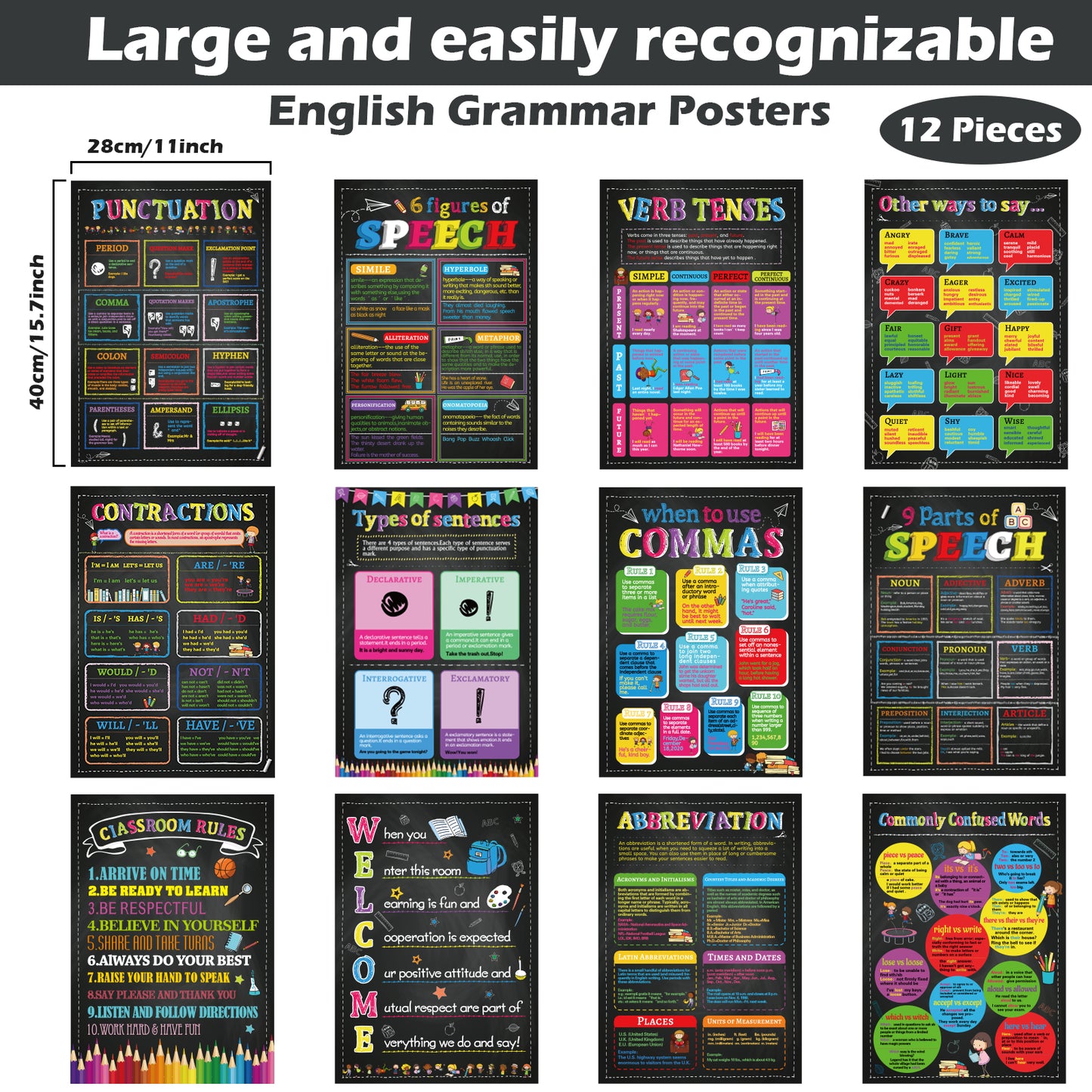 12 Pieces English Grammar Posters Educational Literary Wall Signs,16 x 11 Inch