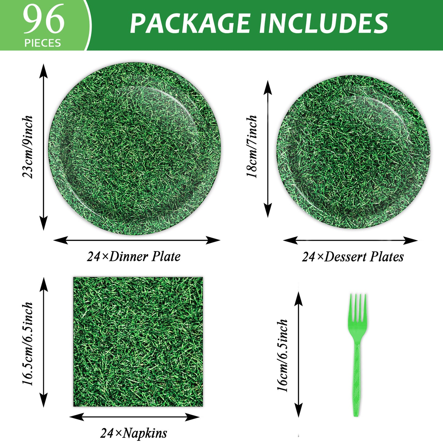 Grass Theme Party Supplies,Plates Napkins Forks Set of 96pcs