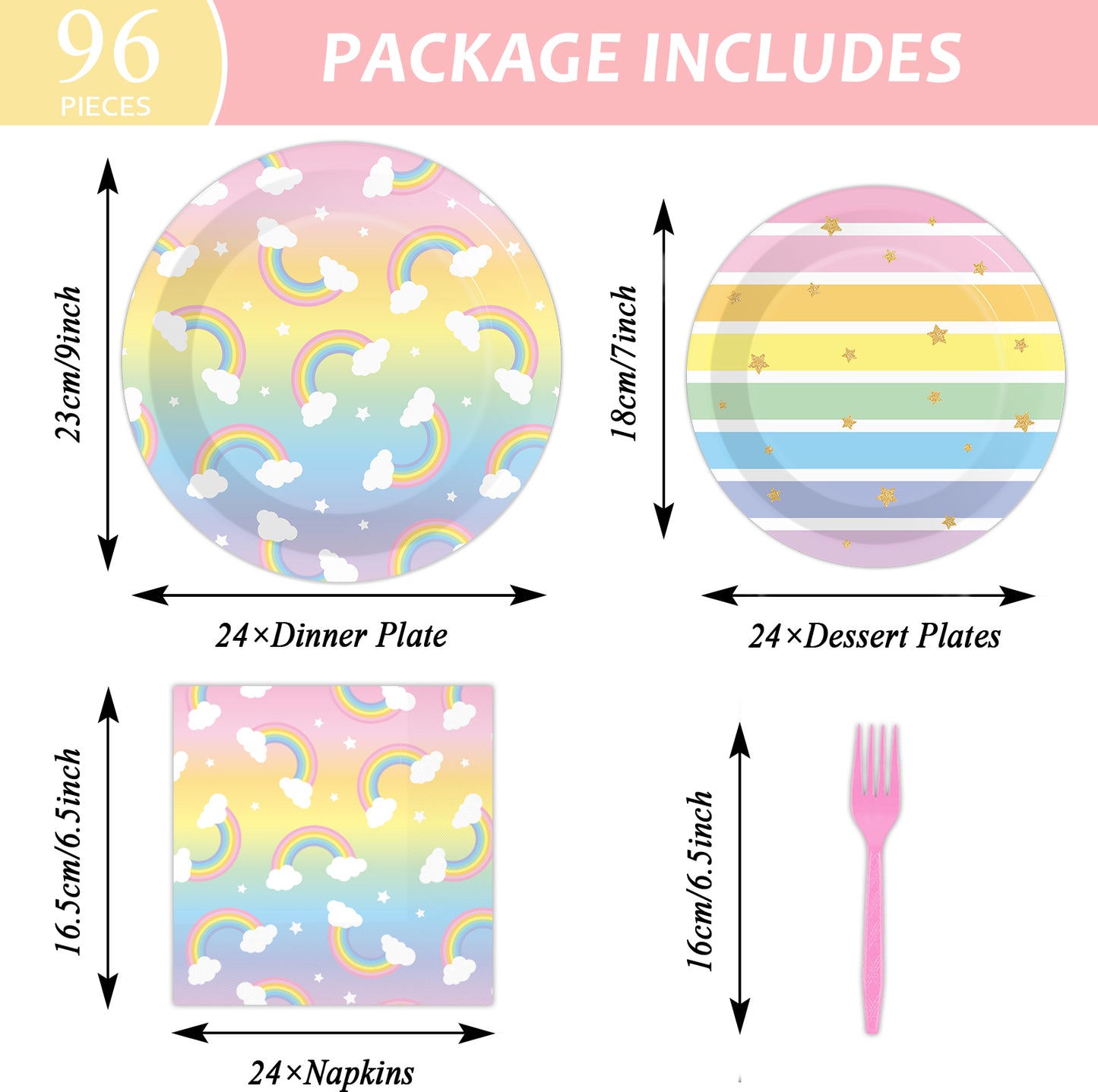 Rainbow Theme Party Supplies,Plates Napkins Forks Set of 96pcs