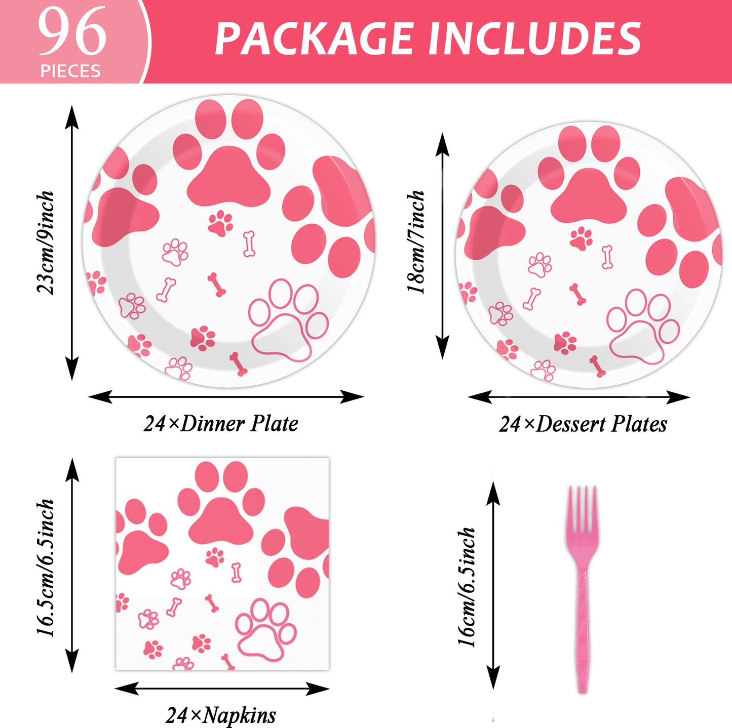 Pink Dog Paw Prints tableware set - baby shower or Puppy birthday party supplies
