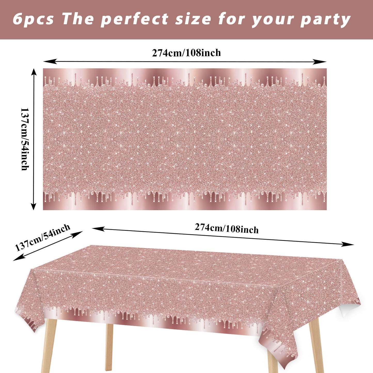 6 pcs Pink Rose Golden Birthday Party Tablecloths Supplies 54" x 108"