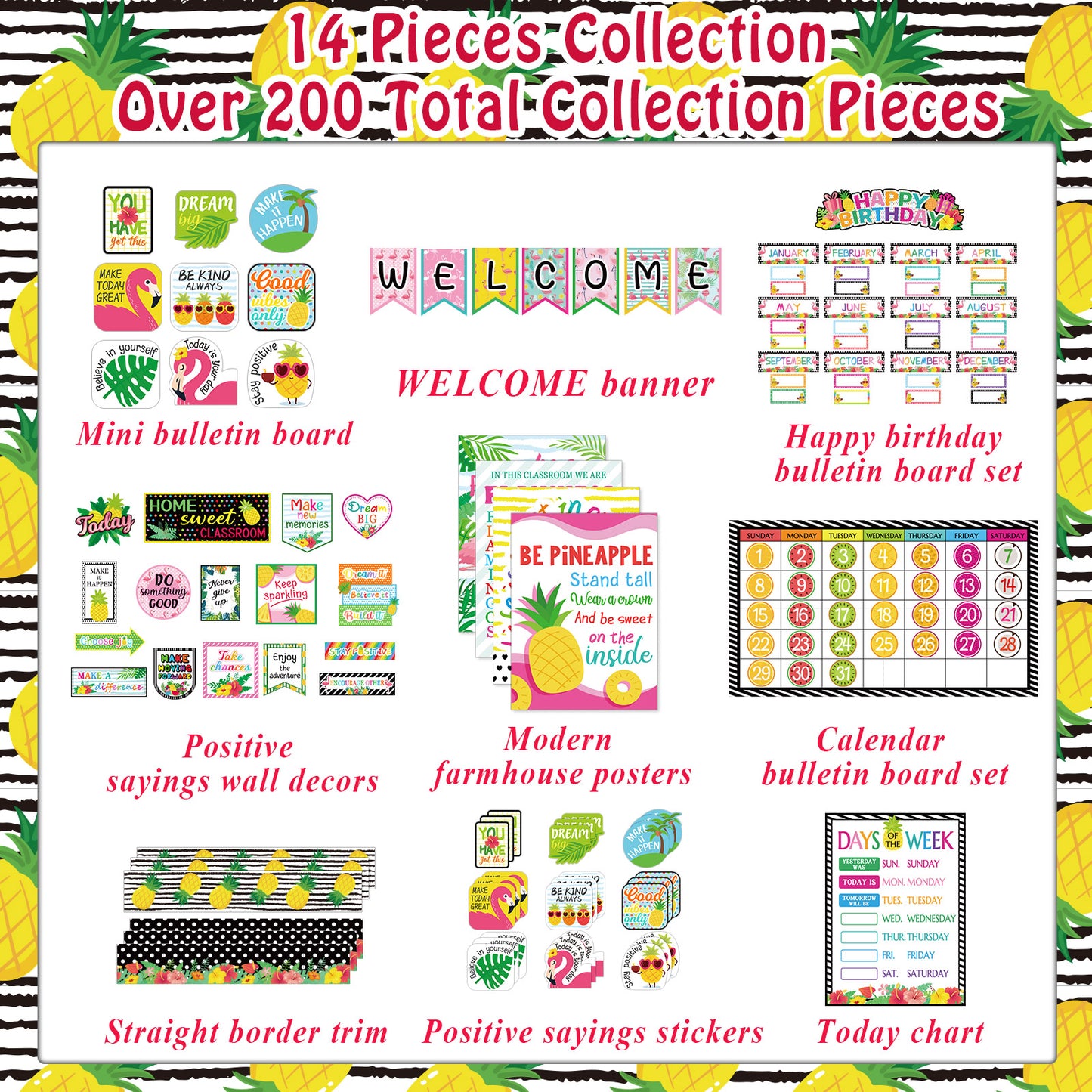 Tropical Summer Classroom Decor Hawaii Pineapple Flamingo Bulletin Board and Wall Decorations