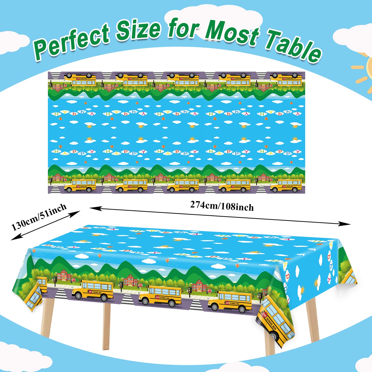 3 Pcs School Bus Tablecloth Back to School Party Tablecover