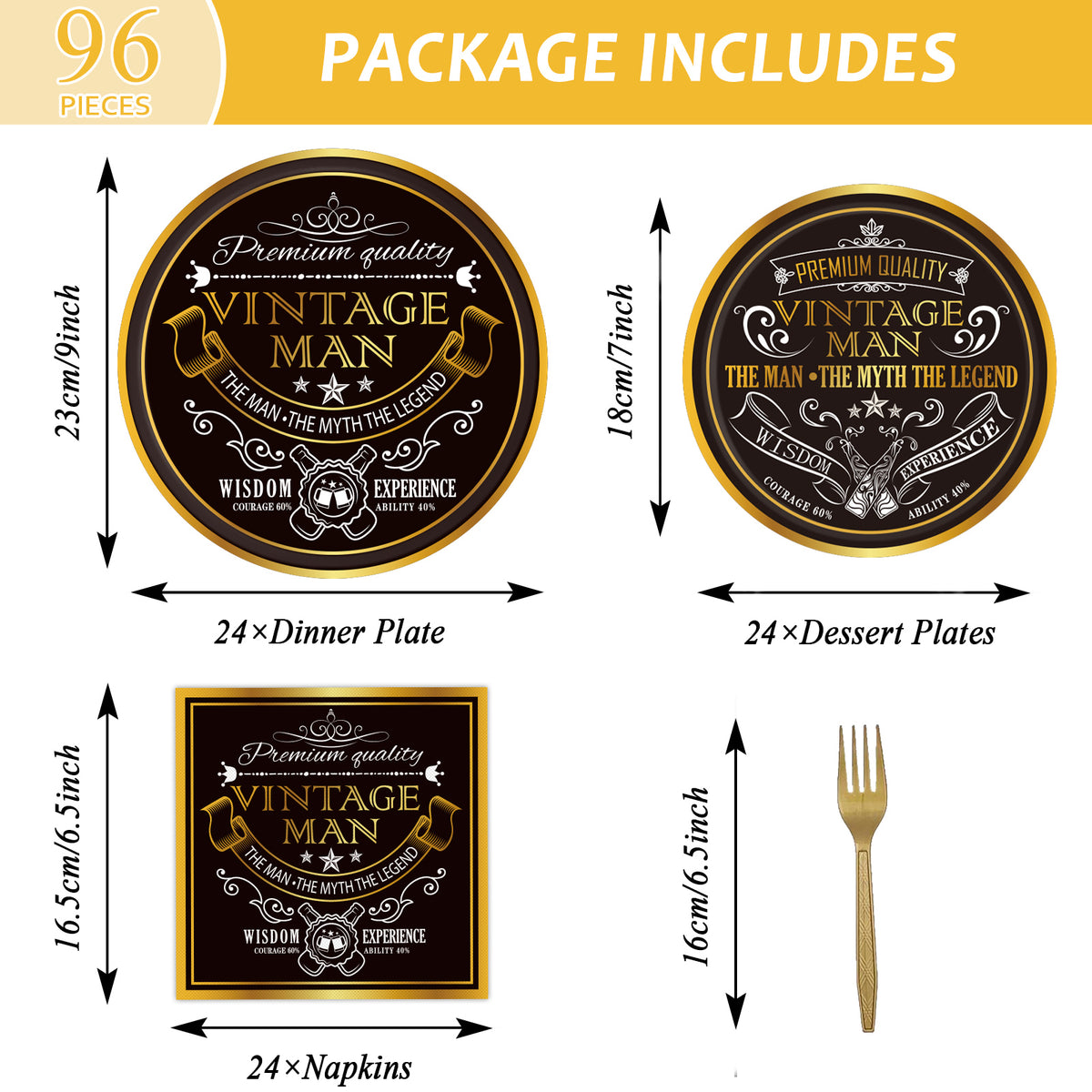 96 Pcs Vintage Aged Party Tableware for 24 Guests for Men