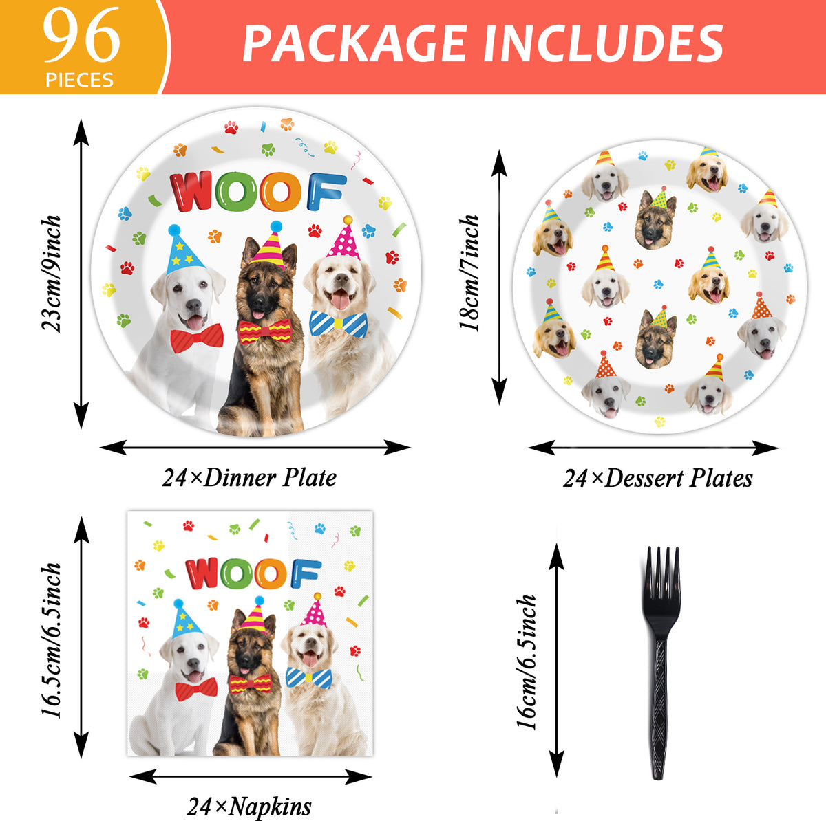 Dog Theme Party Supplies,Plates Napkins Forks Set of 96pcs