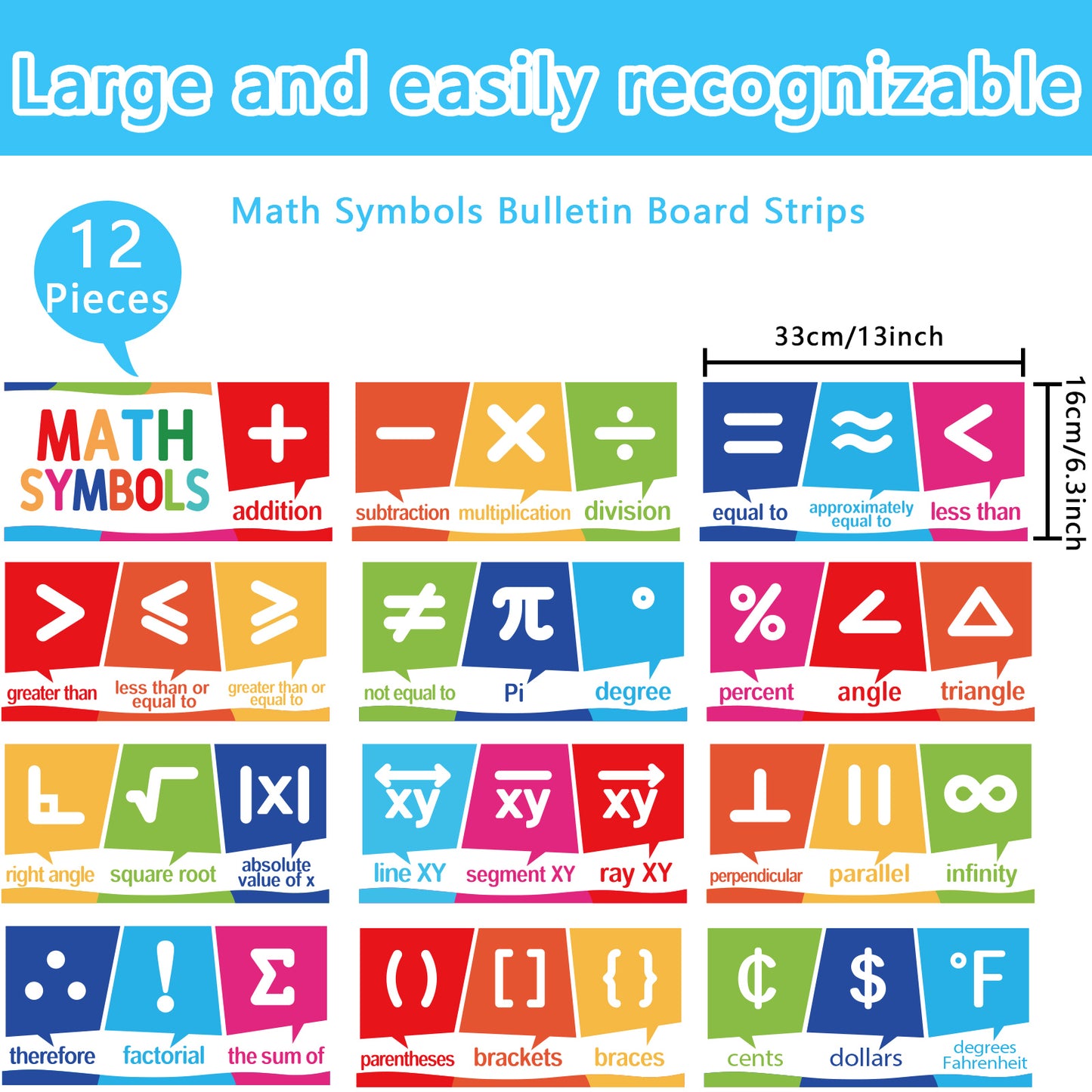 12 Pieces Educational Math Symbols Bulletin Board Strips Set