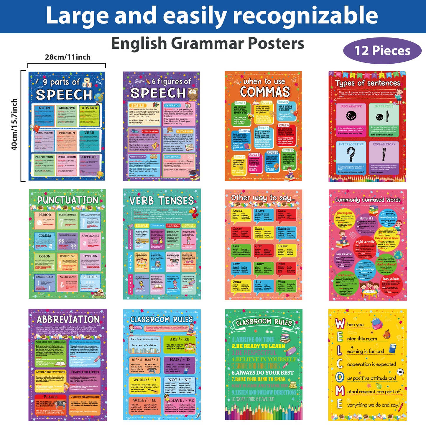 12 Pieces English Grammar Posters Educational Literary Wall Signs,16 x 11 Inch