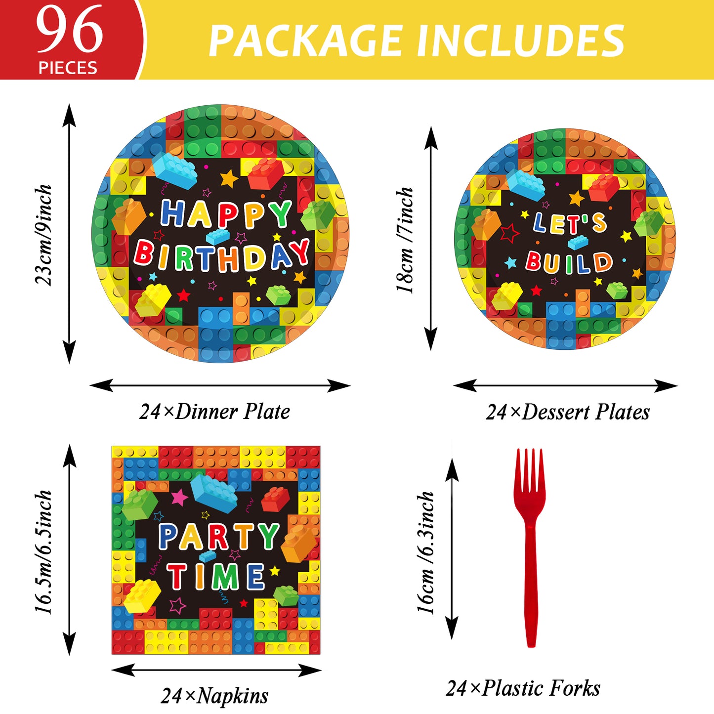96 Pcs Building Block Birthday Party Supplies for 24 Guests