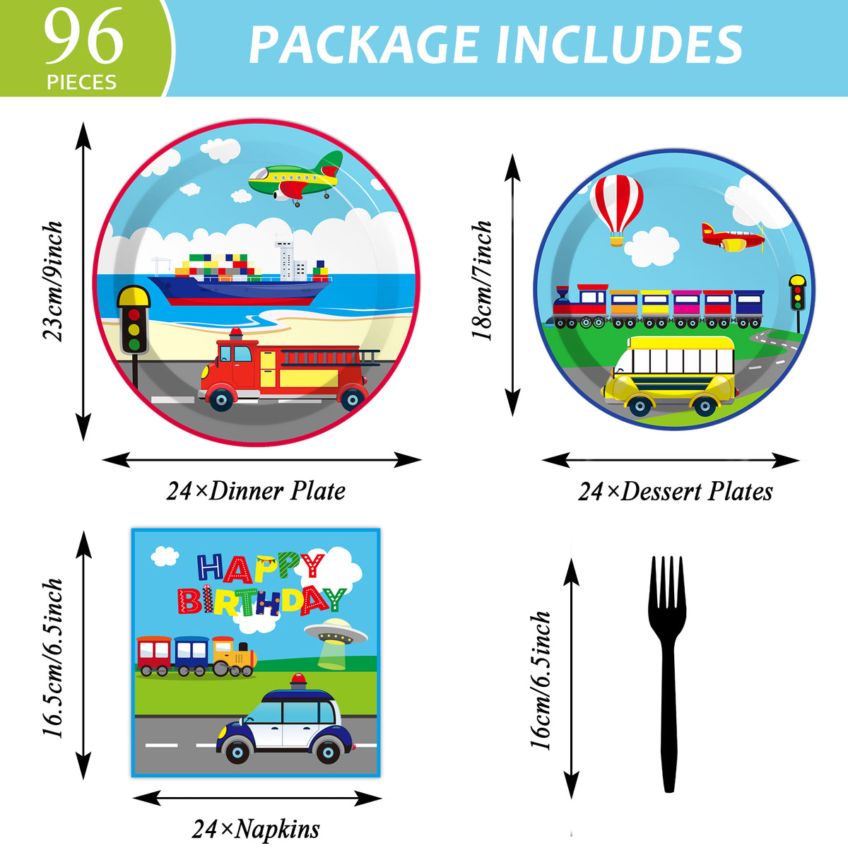 Transportation Theme Party Supplies,Plates Napkins Forks Set of 96pcs