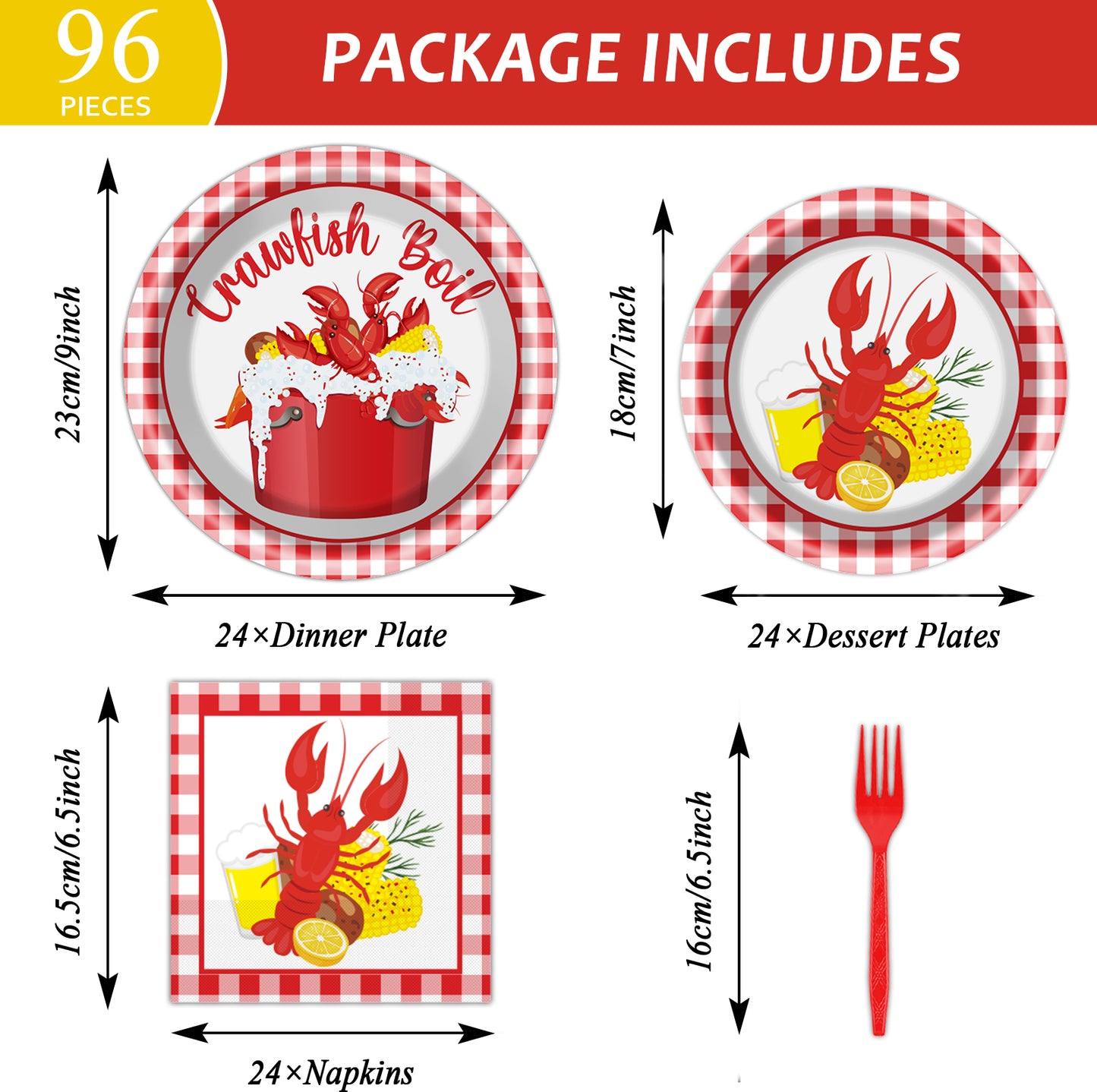 Crawfish Theme Party Supplies,Plates Napkins Forks Set of 96pcs