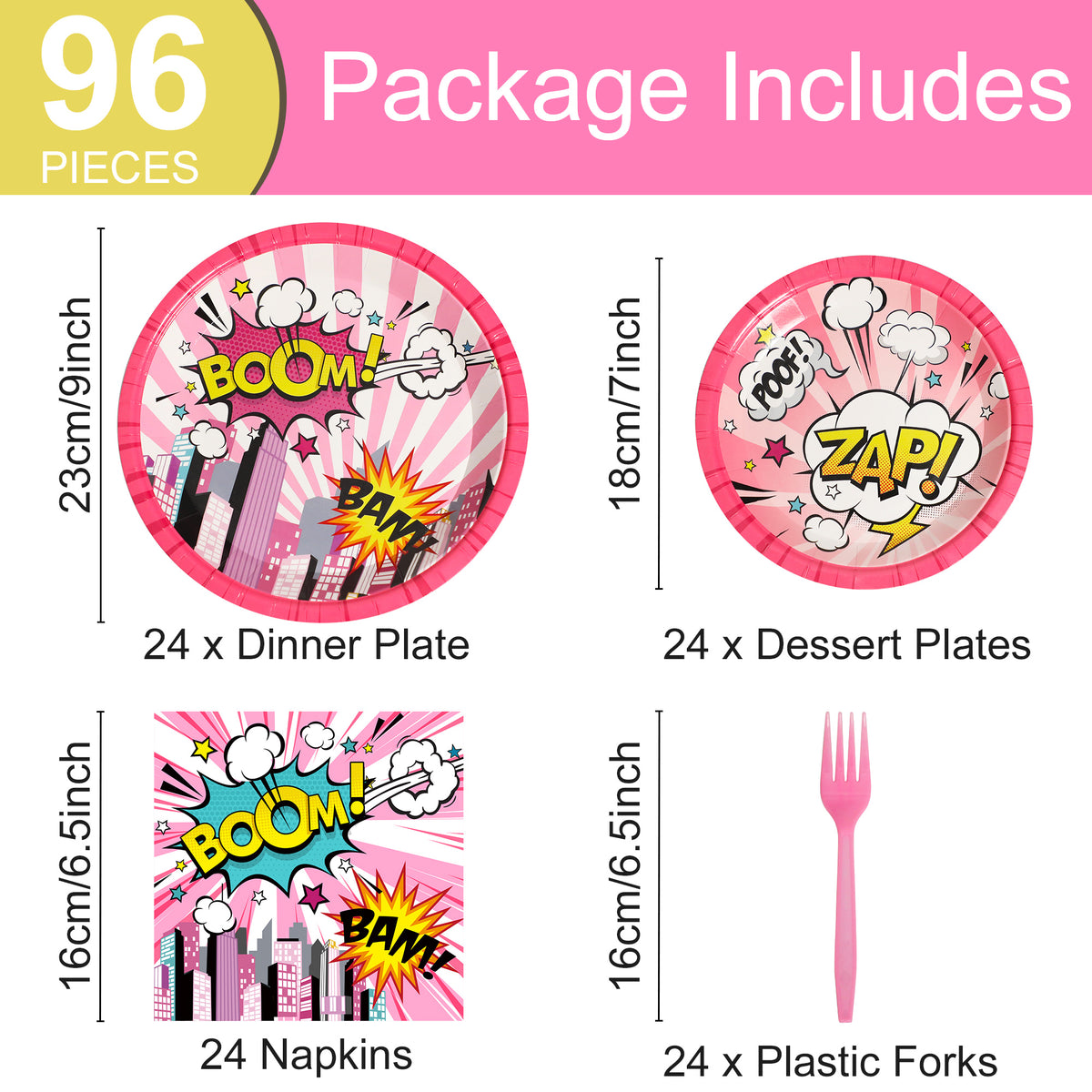 96 Pcs Super Hero Girl Party Tableware Supplies for 24 Guests