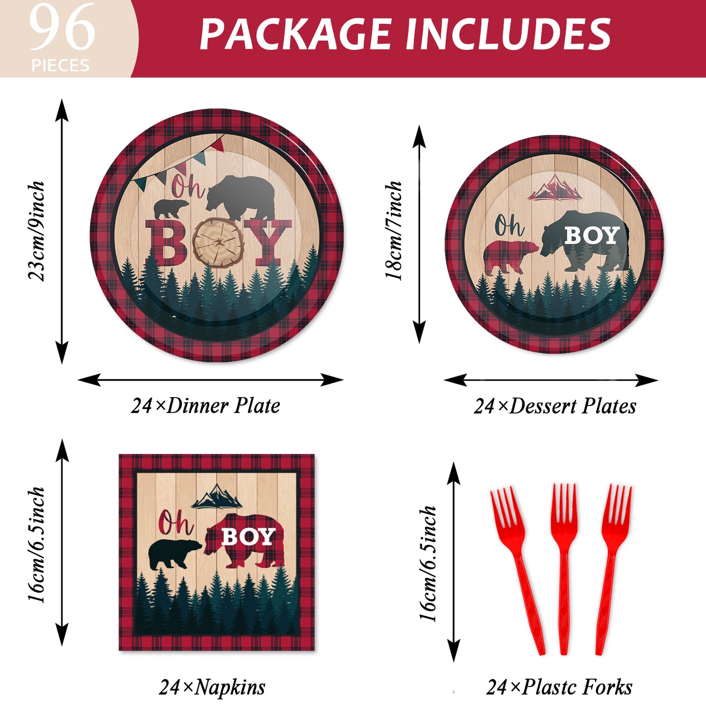96 Pieces Oh Boy Buffalo Baby Shower Tableware Set Paper Plates Napkins Forks for 24 Guests