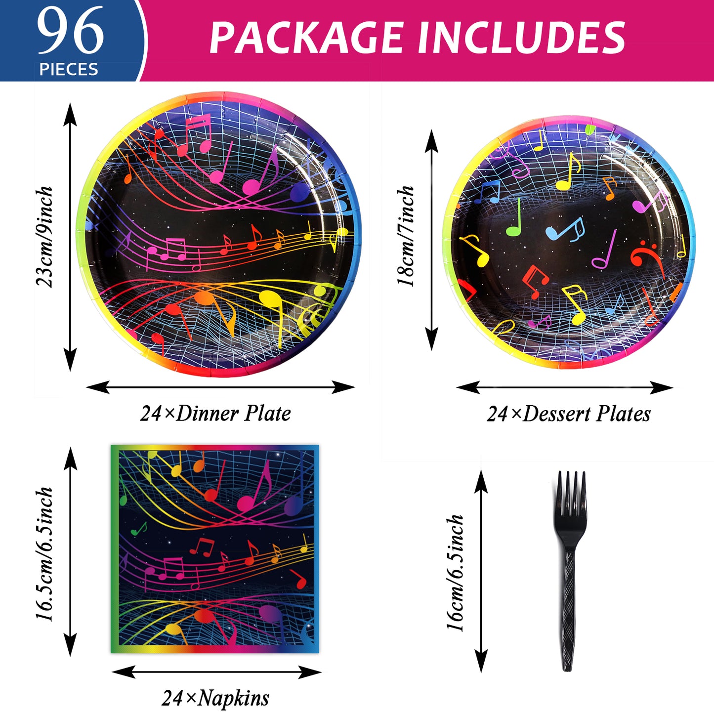 96 Pieces Musical Notes Tableware Set Paper Plates Napkins Forks for 24 Guests