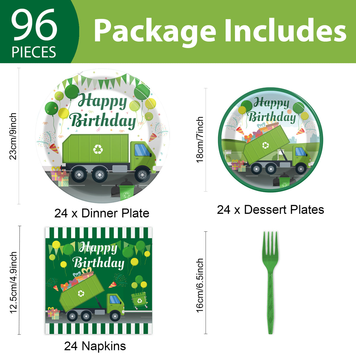 96 Pieces Garbage Truck Party Tableware Set Paper Plates Napkins Forks for 24 Guests