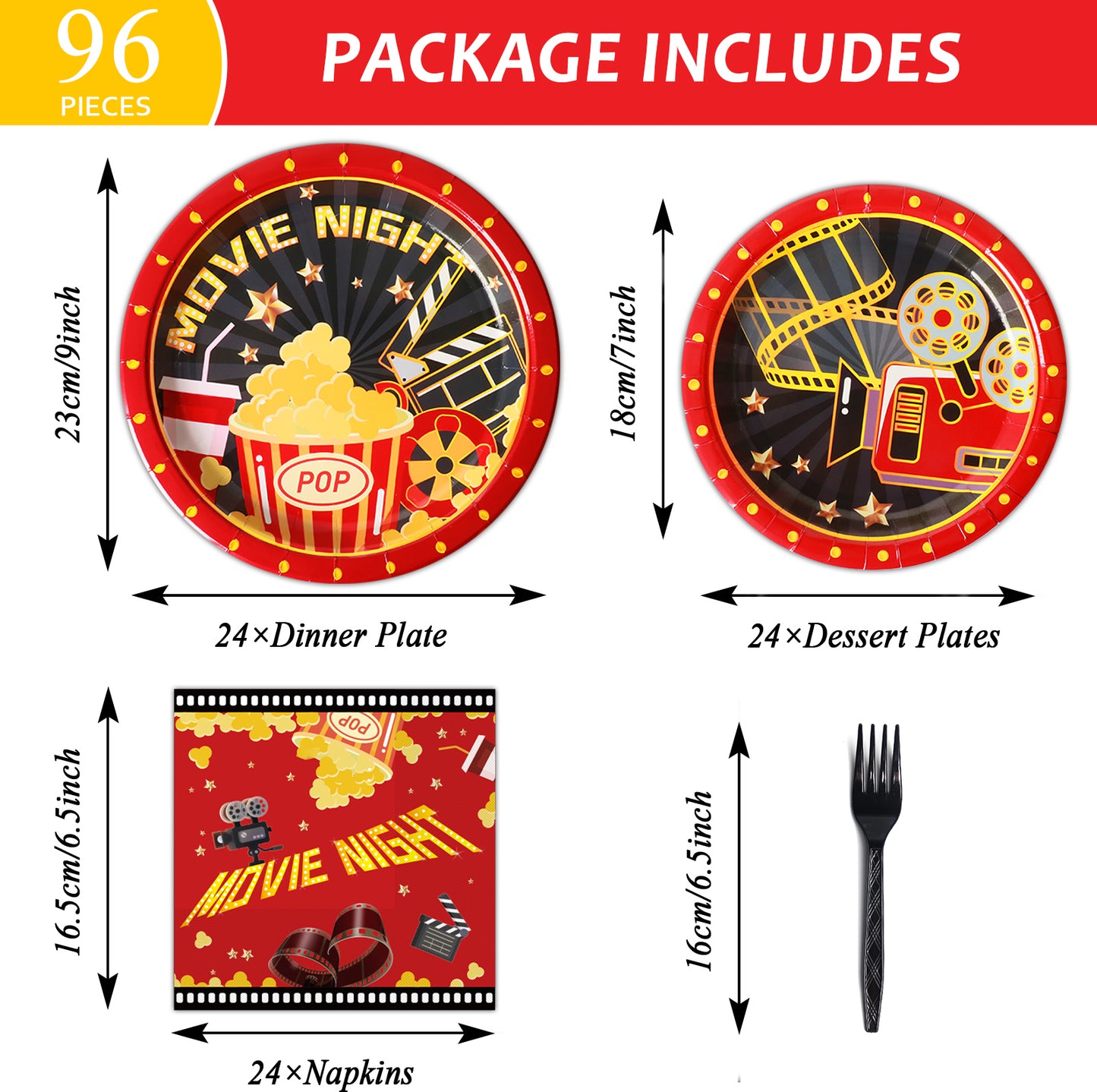 Movie Night Theme Party Supplies,Plates Napkins Forks Set of 96pcs