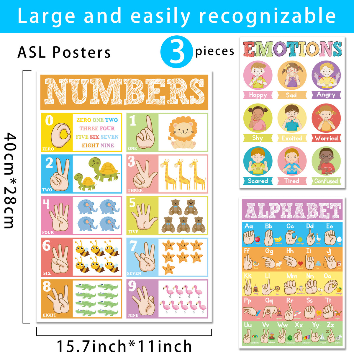 3 Pieces ASL Poster Sign Language Posters for Toddler Kids Students Classroom Decorations