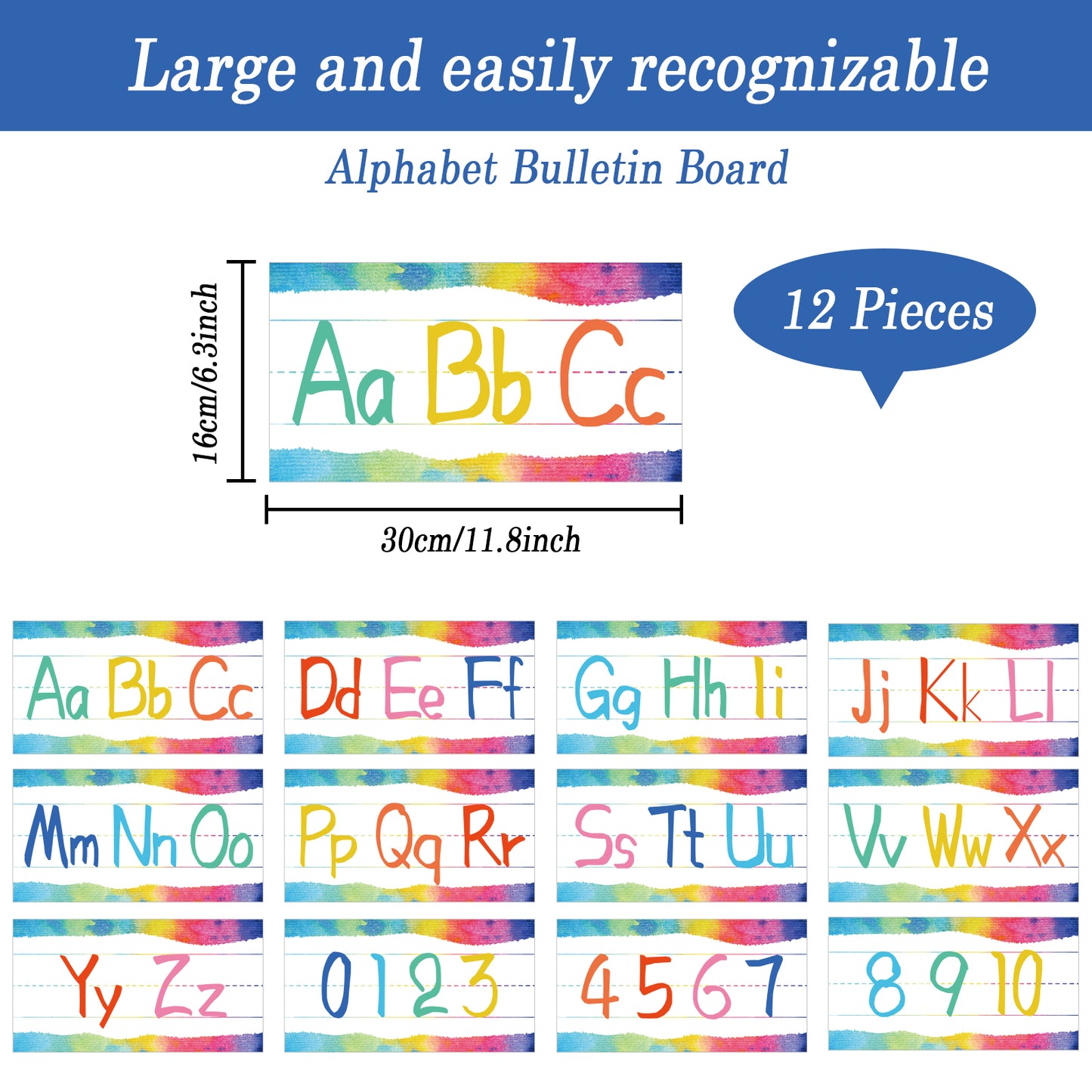 12 Pieces Alphabet Bulletin Board Strips Set Alphabet Line & Number Border Posters(Watercolor)