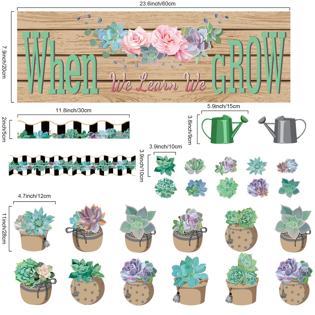 71 Pieces Succulents Bulletin Board Set Cutouts Banner Border Trims Classroom Decor-When We Learn We Grow
