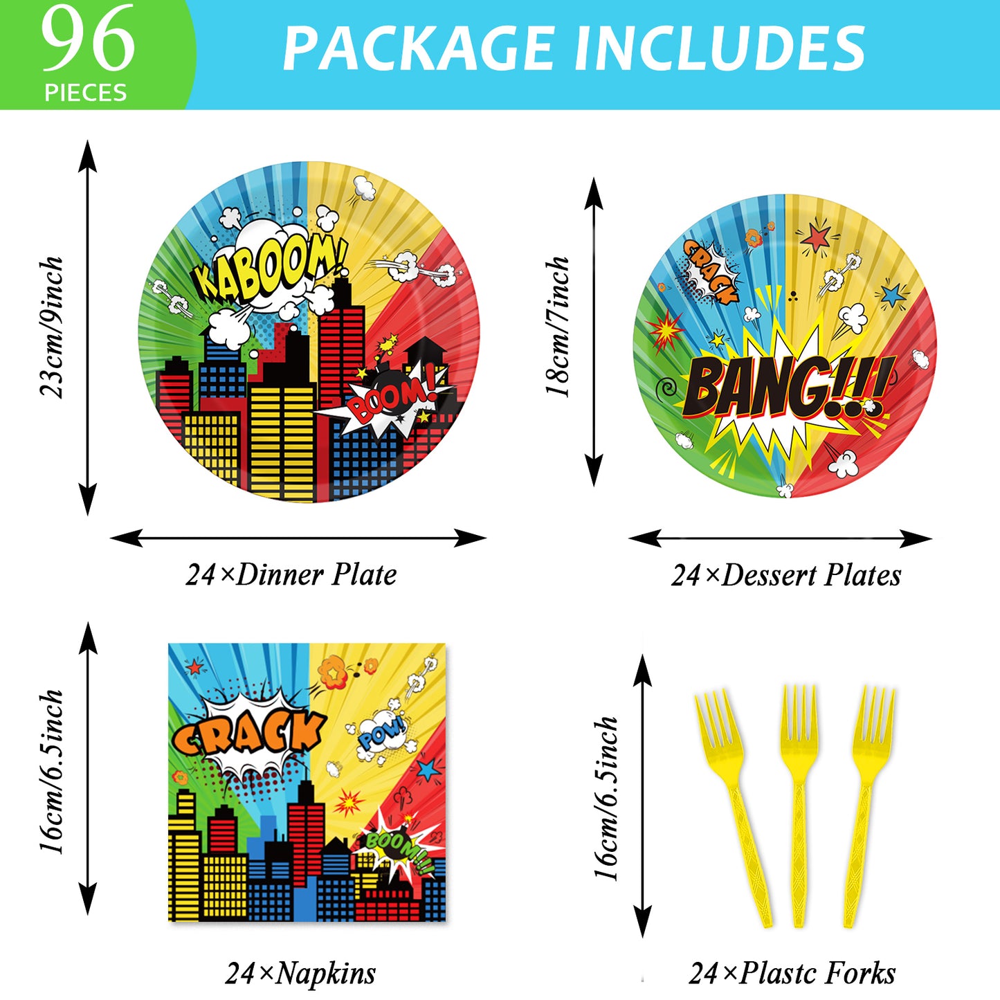 96 Pieces Superhero Party Tableware Set Paper Plates Napkins Forks for 24 Guests