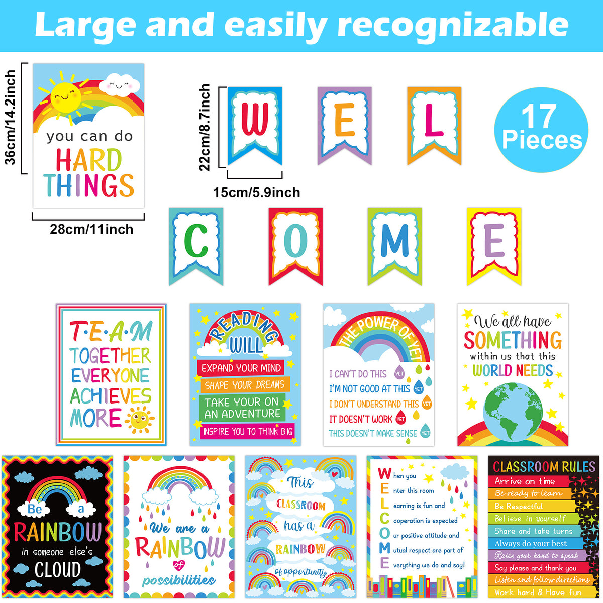 17 Pieces Rainbow Classroom Motivational Posters Welcome Decor Signs