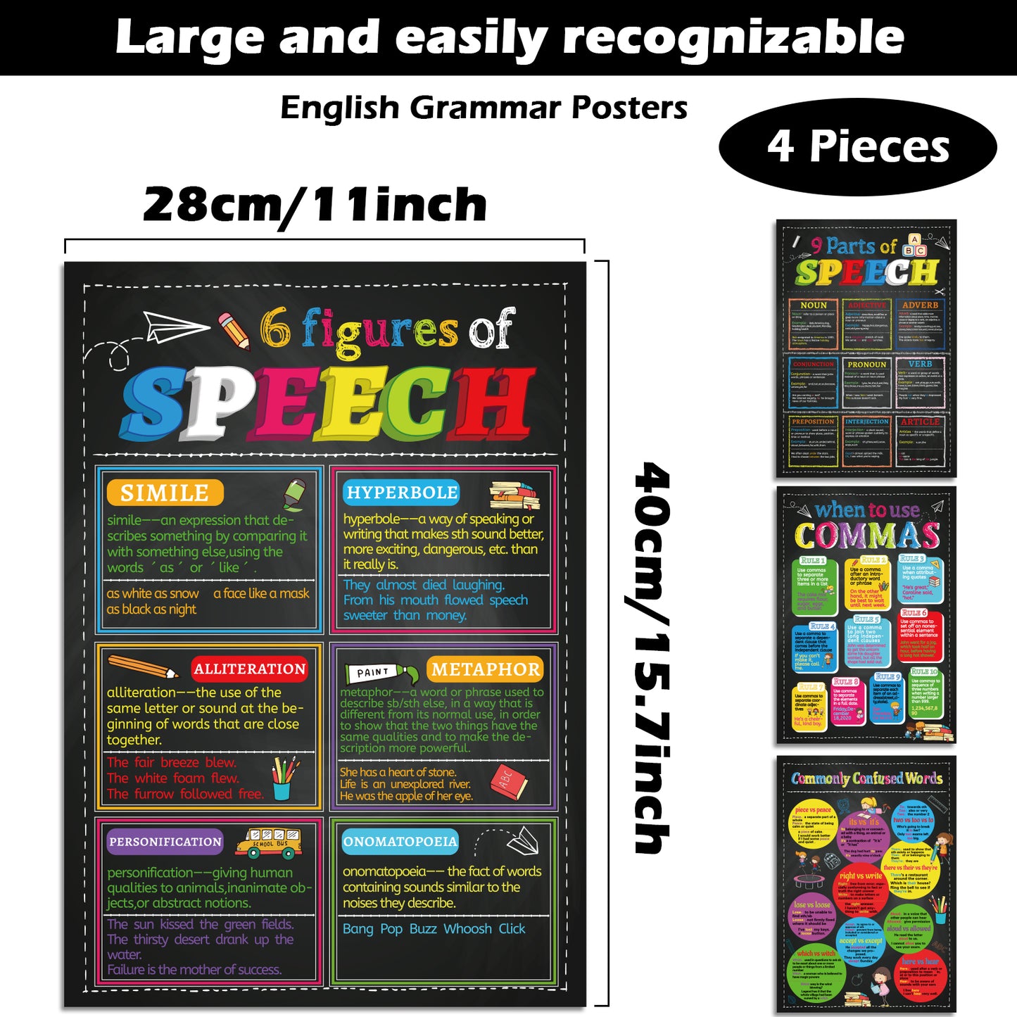 4 Pieces English Grammar Posters Educational Literary Wall Signs,16 x 11 Inch