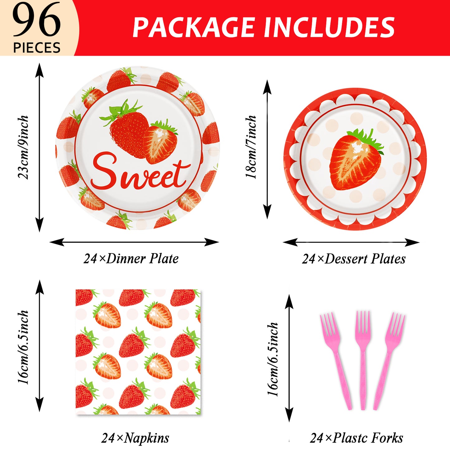 96 Pcs Strawberry Party Tableware Set Supplies for 24 Guests