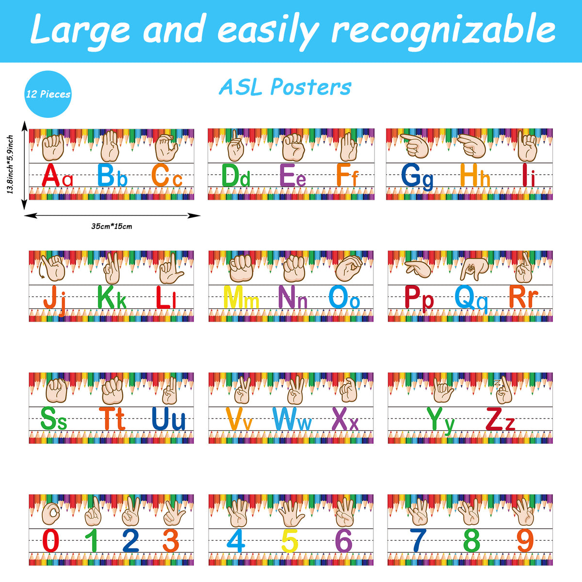 12 Pieces ASL Alphabet and Numbers Bulletin Board Alphabet Strips Set