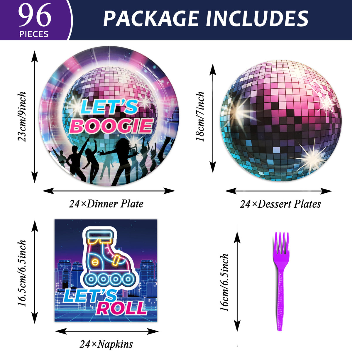 96 Pieces 70's Disco & Roller Skate Party Tableware Set Paper Plates Napkins Forks for 24 Guests