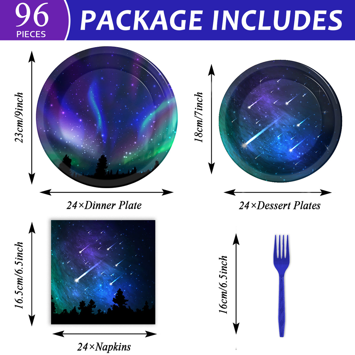 96 Pieces Starry Night Supplies Tableware Set Outer Space Paper Plates Napkins Forks for 24 Guests
