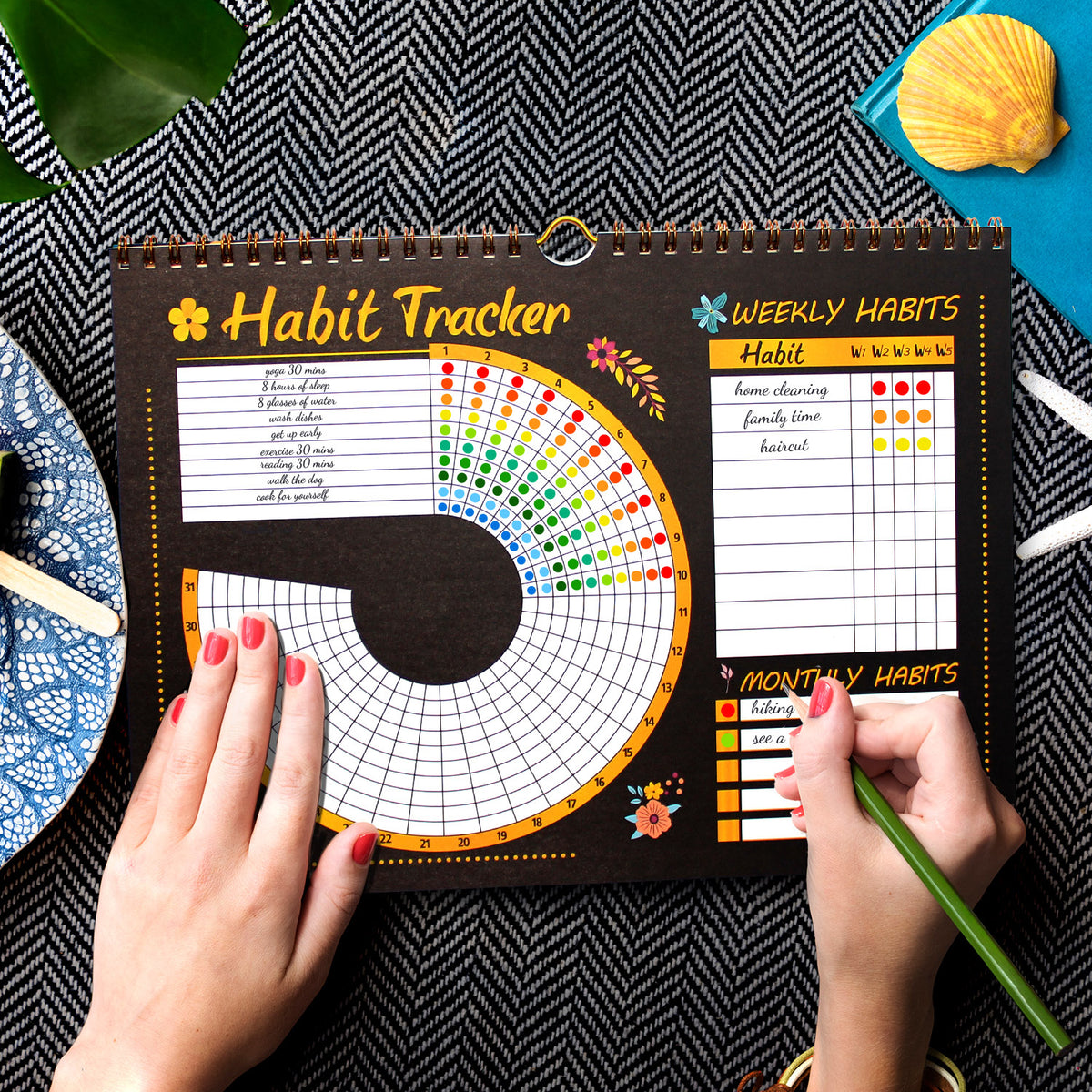 Black Habit Tracker Calendar Goal Planner with Spiral Binding - 12+2 Month