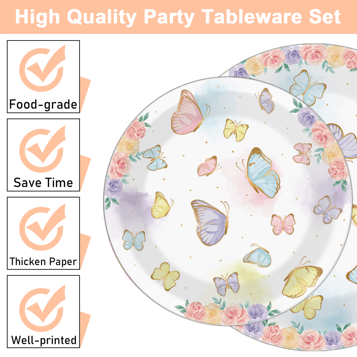 Butterfly Theme Party Supplies,Plates Napkins Forks Set of 96pcs