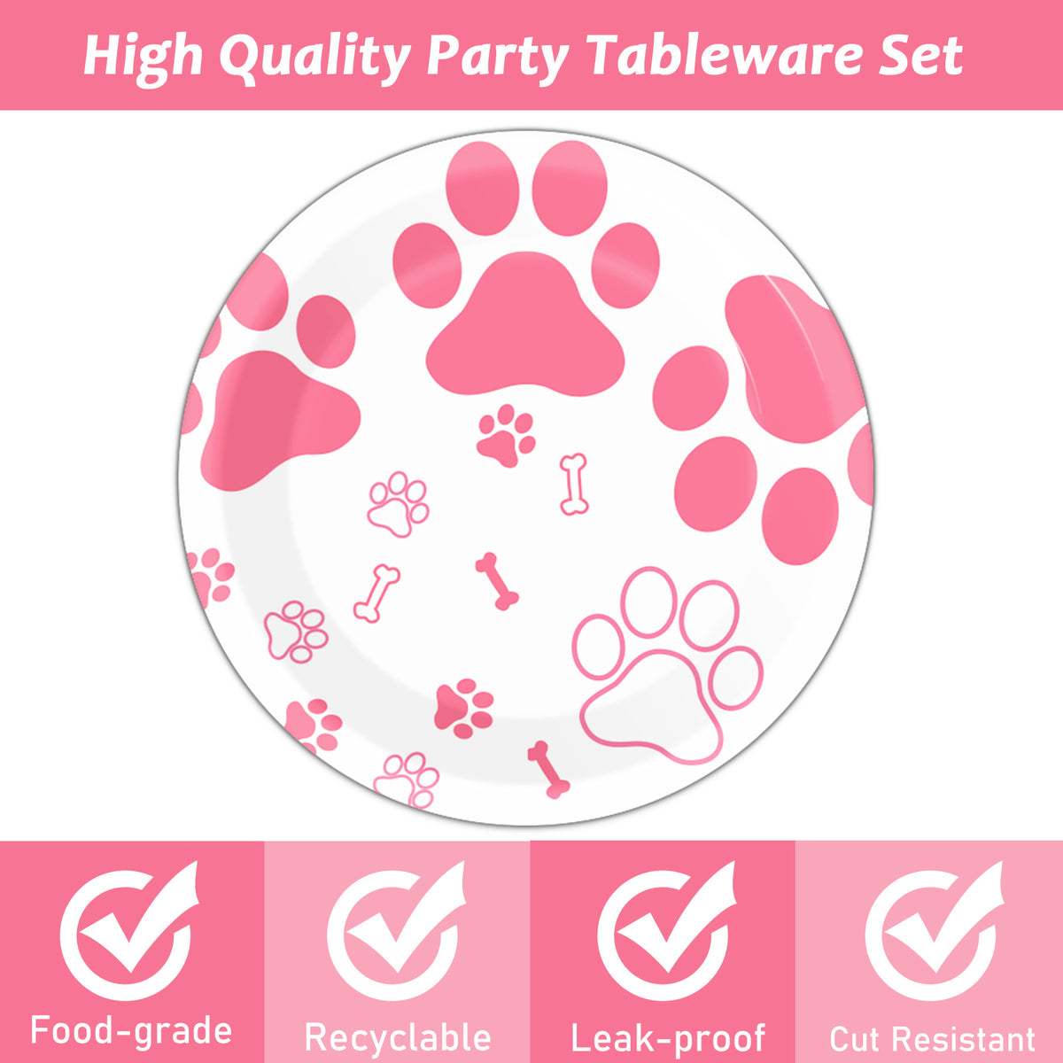 Pink Dog Paw Prints plates set - baby shower or Puppy birthday party supplies