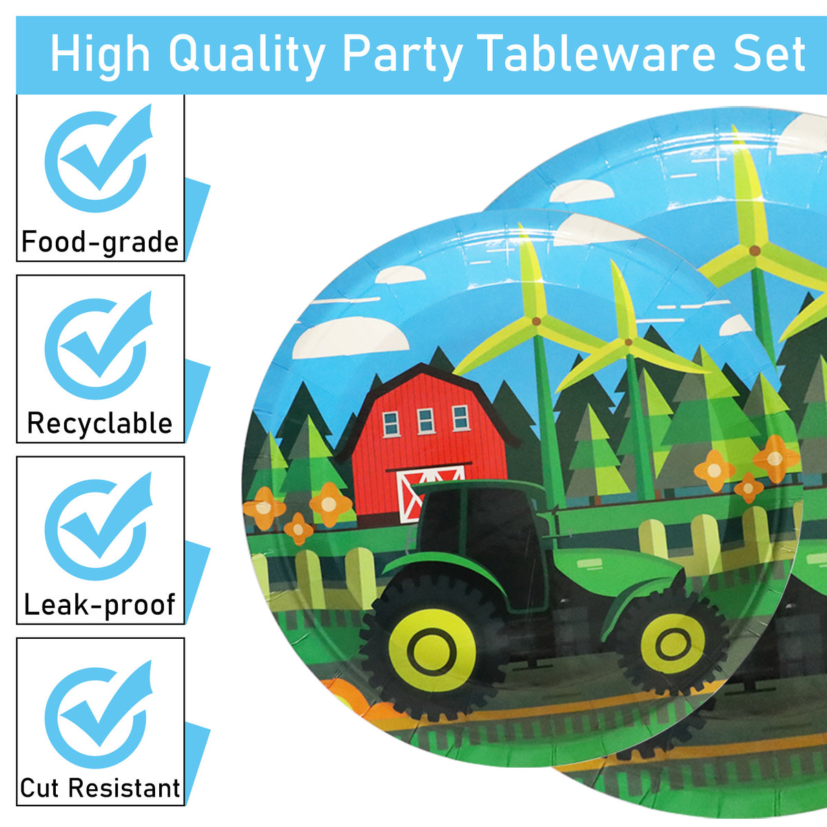 96 Pieces Green Tractor Party Tableware Set Paper Plates Napkins Forks for 24 Guests